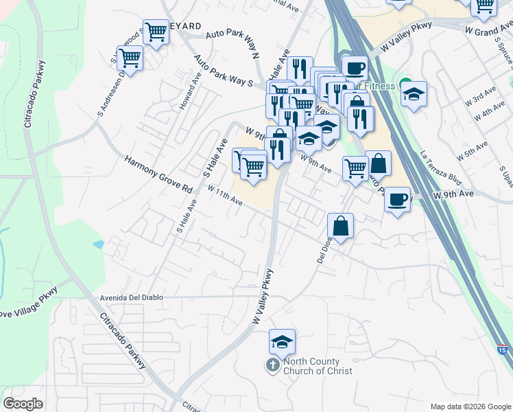 map of restaurants, bars, coffee shops, grocery stores, and more near 1676 West 11th Avenue in Escondido