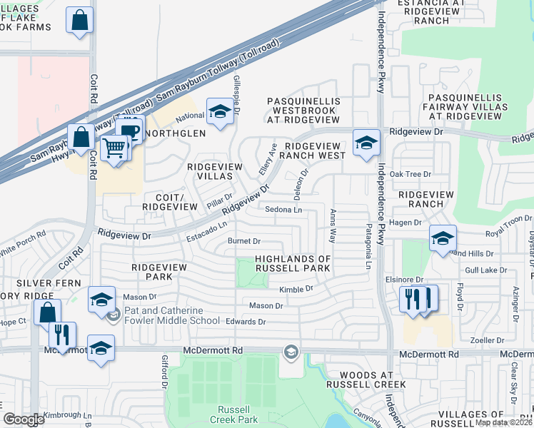 map of restaurants, bars, coffee shops, grocery stores, and more near 3404 Sedona Lane in Plano