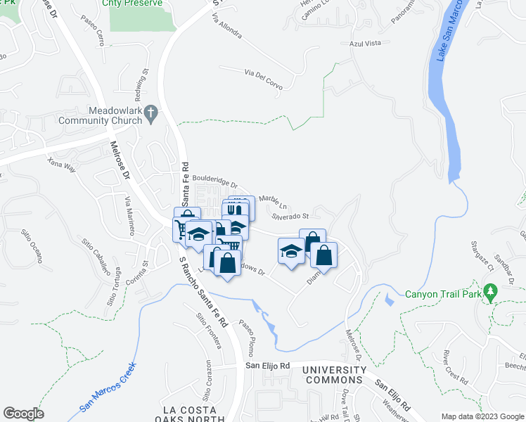 map of restaurants, bars, coffee shops, grocery stores, and more near 2183 Silverado Street in San Marcos