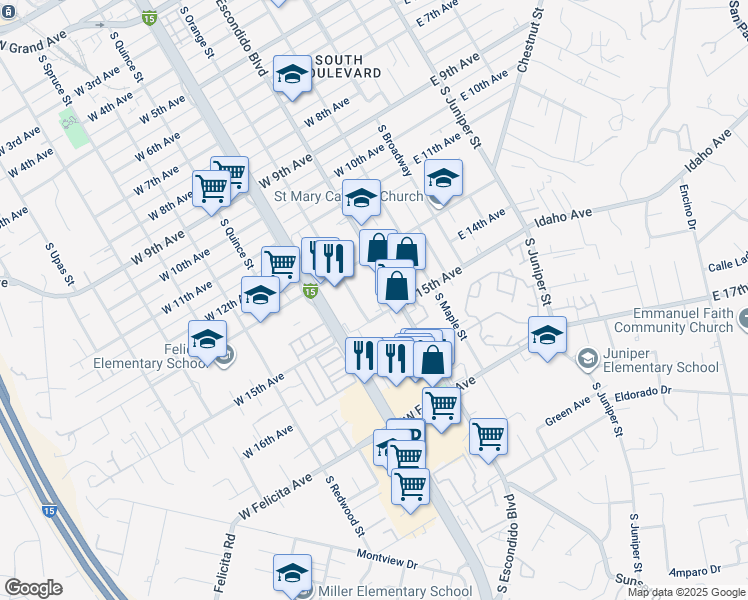 map of restaurants, bars, coffee shops, grocery stores, and more near 340 West 15th Avenue in Escondido