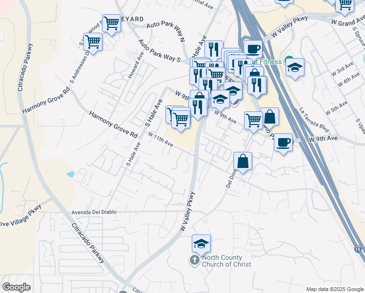 map of restaurants, bars, coffee shops, grocery stores, and more near 1676 West 11th Avenue in Escondido
