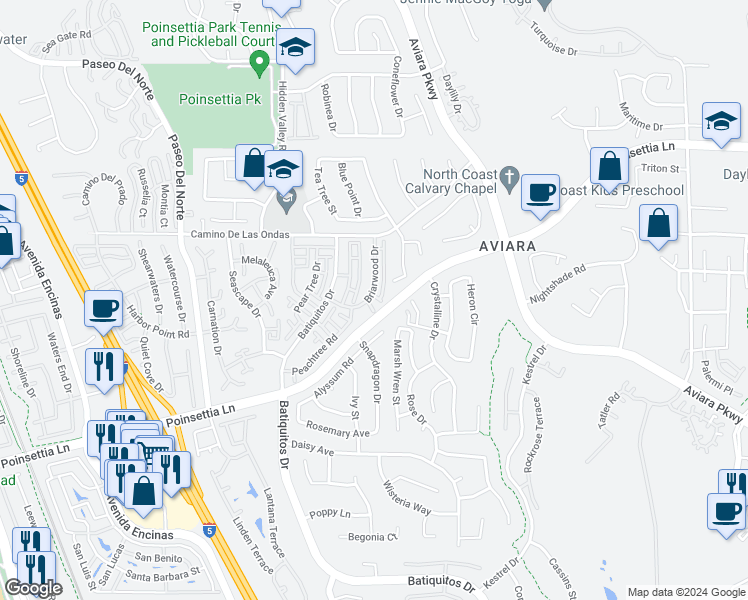 map of restaurants, bars, coffee shops, grocery stores, and more near 951 Boxwood Court in Carlsbad