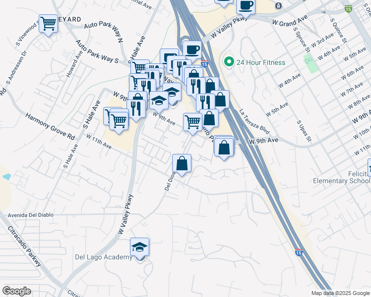 map of restaurants, bars, coffee shops, grocery stores, and more near 991 Del Dios Road in Escondido