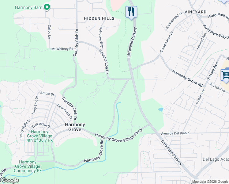 map of restaurants, bars, coffee shops, grocery stores, and more near 2346 Harmony Grove Road in Escondido