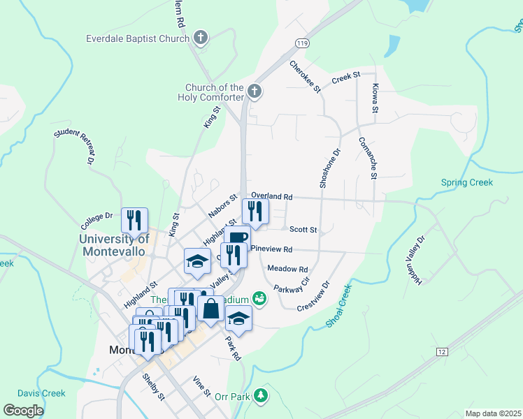 map of restaurants, bars, coffee shops, grocery stores, and more near 190 Overland Road in Montevallo
