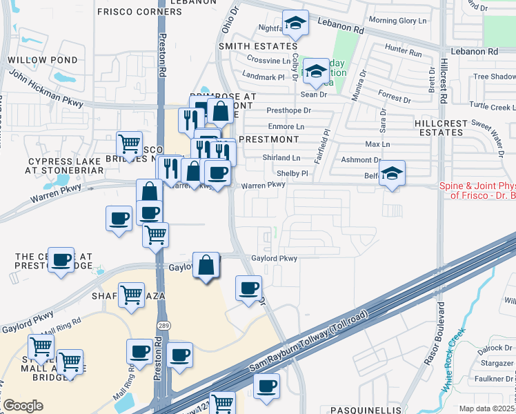 map of restaurants, bars, coffee shops, grocery stores, and more near Warren Pkwy in Frisco