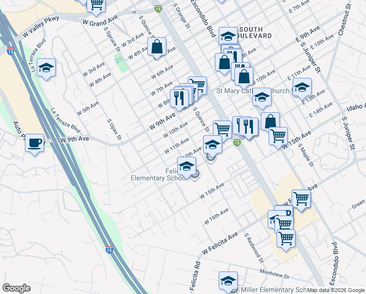 map of restaurants, bars, coffee shops, grocery stores, and more near 743 West 11th Avenue in Escondido