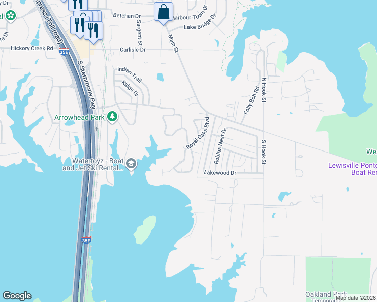 map of restaurants, bars, coffee shops, grocery stores, and more near 10 Live Oak Lane in Lake Dallas