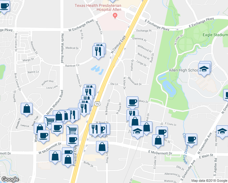 map of restaurants, bars, coffee shops, grocery stores, and more near 413 North Anna Drive in Allen