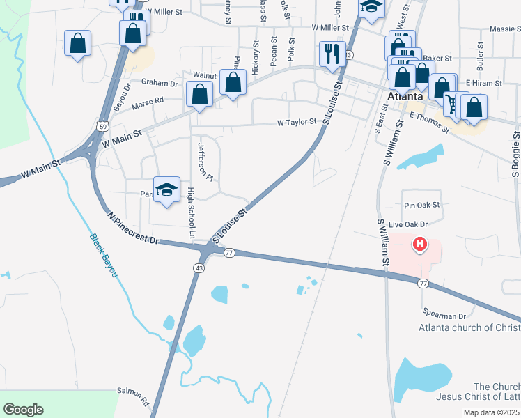 map of restaurants, bars, coffee shops, grocery stores, and more near 401-799 S Louise St in Atlanta