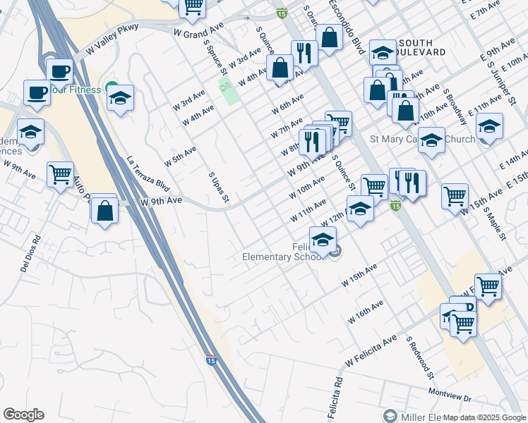 map of restaurants, bars, coffee shops, grocery stores, and more near 926 West 10th Avenue in Escondido