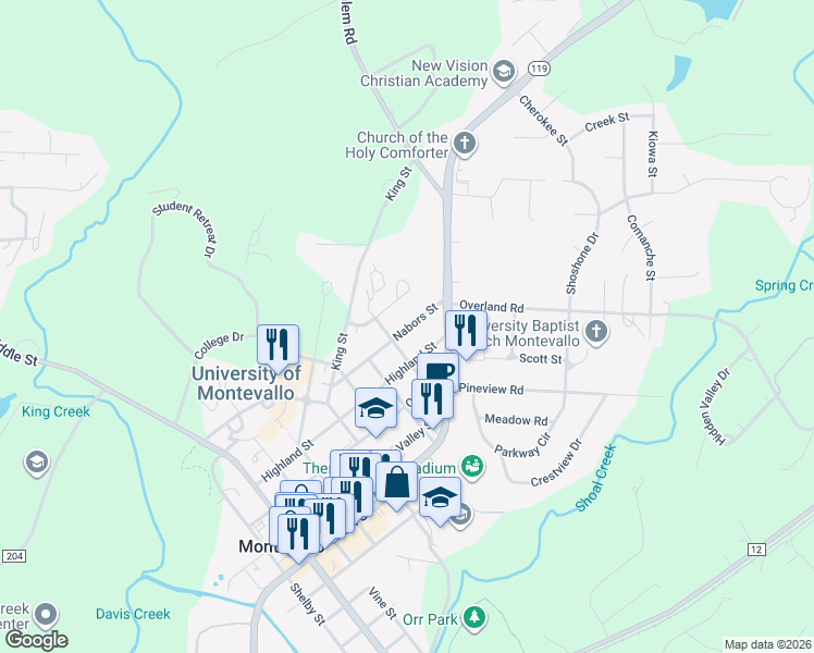 map of restaurants, bars, coffee shops, grocery stores, and more near 1349 Nabors Street in Montevallo
