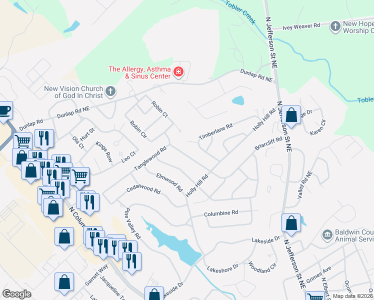 map of restaurants, bars, coffee shops, grocery stores, and more near 1824 Timberlane Road in Milledgeville