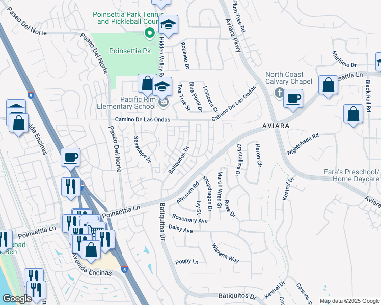 map of restaurants, bars, coffee shops, grocery stores, and more near 6869 Maple Leaf Drive in Carlsbad