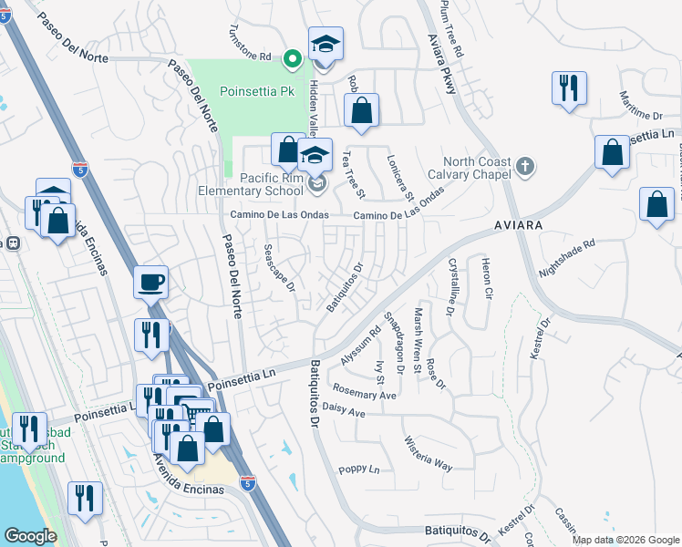 map of restaurants, bars, coffee shops, grocery stores, and more near 6876 Alderwood Drive in Carlsbad