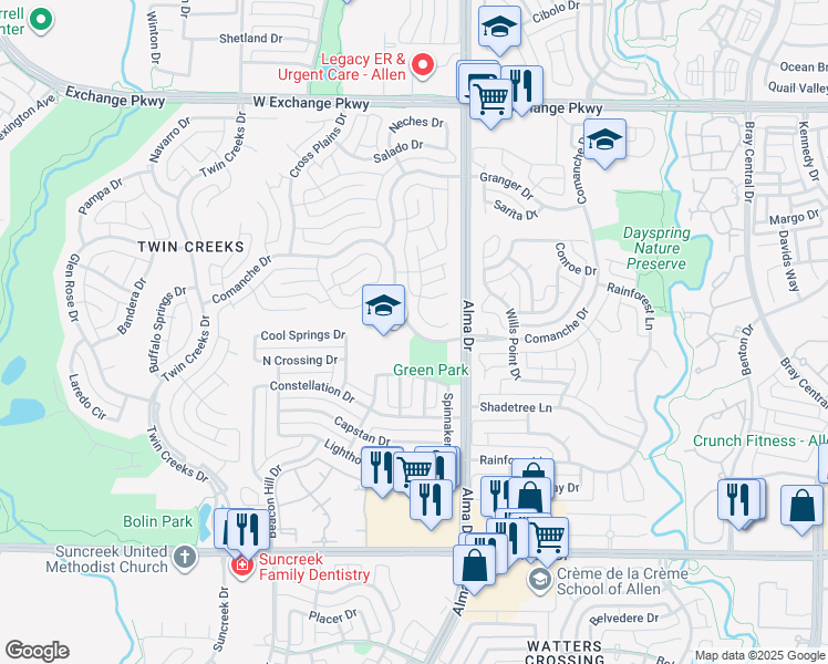 map of restaurants, bars, coffee shops, grocery stores, and more near 1315 Comanche Drive in Allen