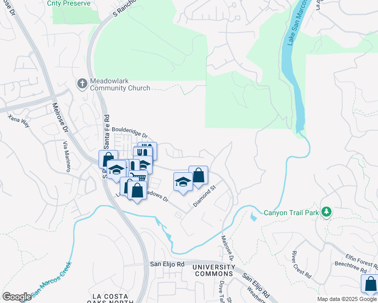 map of restaurants, bars, coffee shops, grocery stores, and more near 2130 Silverado Street in San Marcos