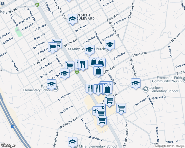 map of restaurants, bars, coffee shops, grocery stores, and more near 340 West 15th Avenue in Escondido
