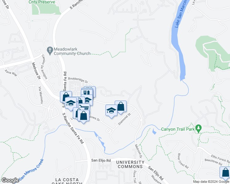 map of restaurants, bars, coffee shops, grocery stores, and more near 2130 Silverado Street in San Marcos