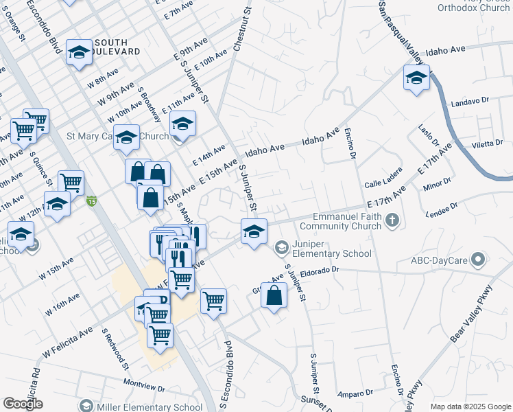 map of restaurants, bars, coffee shops, grocery stores, and more near 1660 South Juniper Street in Escondido