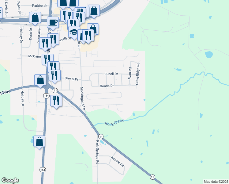 map of restaurants, bars, coffee shops, grocery stores, and more near 707 Austin Acre Road in Sulphur Springs