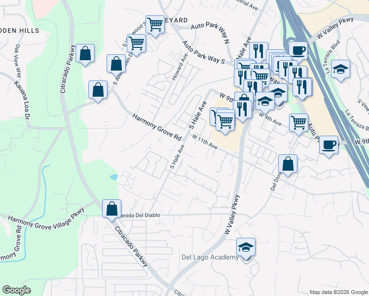 map of restaurants, bars, coffee shops, grocery stores, and more near 1152 South Hale Avenue in Escondido