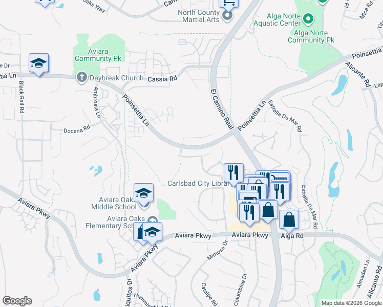 map of restaurants, bars, coffee shops, grocery stores, and more near 1738 Oriole Court in Carlsbad