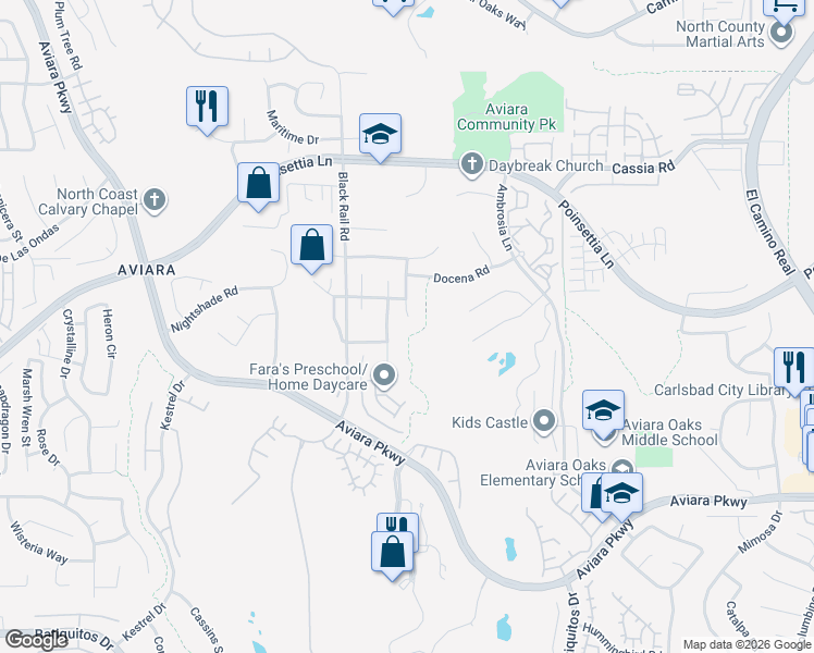 map of restaurants, bars, coffee shops, grocery stores, and more near 6690 Cabela Place in Carlsbad