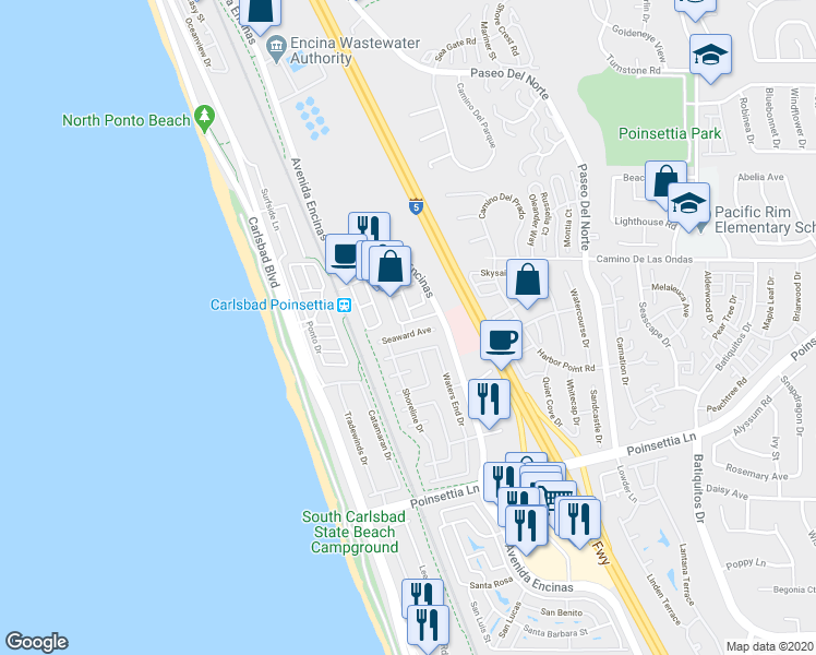 map of restaurants, bars, coffee shops, grocery stores, and more near 636 Seaward Avenue in Carlsbad