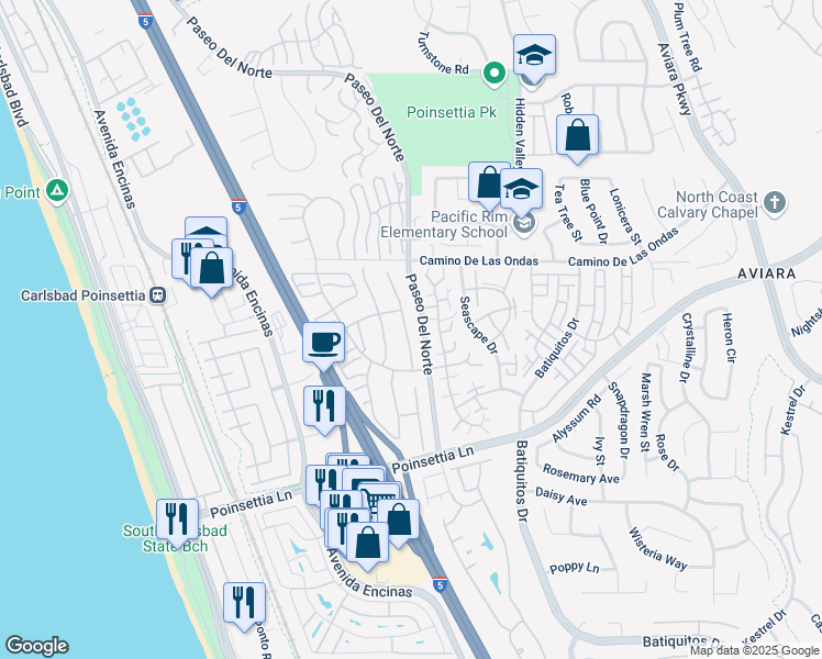 map of restaurants, bars, coffee shops, grocery stores, and more near 6862 Watercourse Drive in Carlsbad