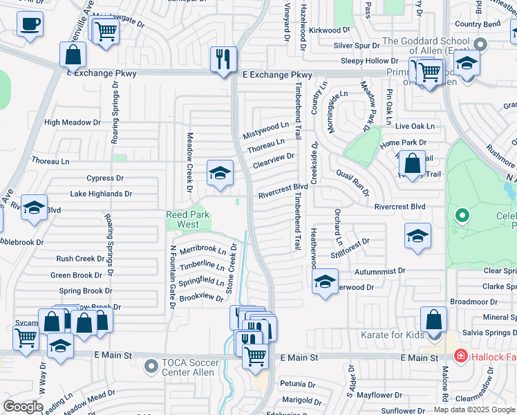 map of restaurants, bars, coffee shops, grocery stores, and more near 1303 Crestview Dr in Allen