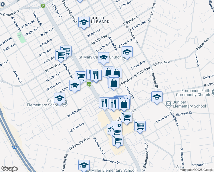 map of restaurants, bars, coffee shops, grocery stores, and more near 342 West 15th Avenue in Escondido