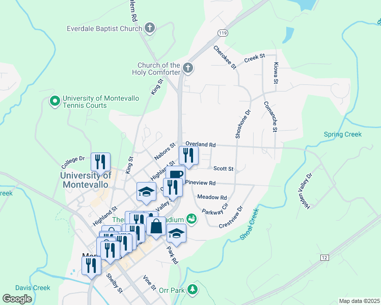 map of restaurants, bars, coffee shops, grocery stores, and more near 190 Overland Road in Montevallo