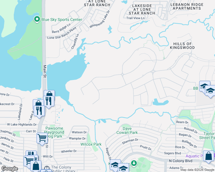 map of restaurants, bars, coffee shops, grocery stores, and more near Lilac Lane in Frisco