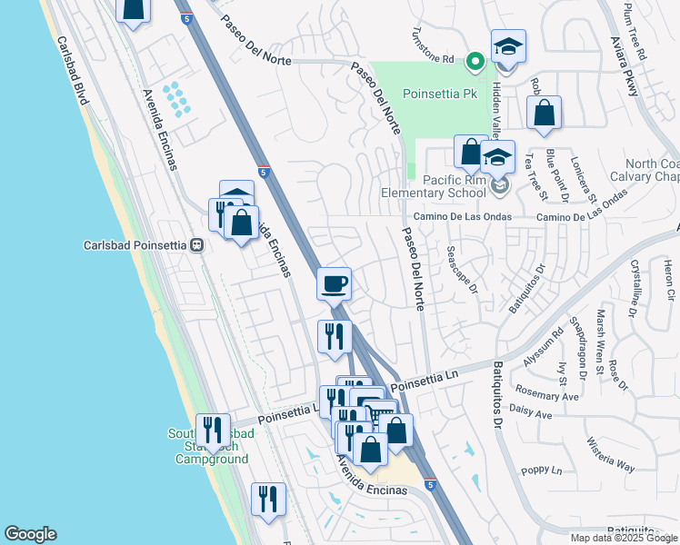 map of restaurants, bars, coffee shops, grocery stores, and more near 815 Bluewater Road in Carlsbad
