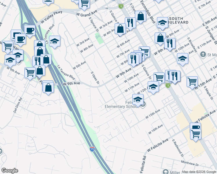 map of restaurants, bars, coffee shops, grocery stores, and more near 940 South Upas Street in Escondido