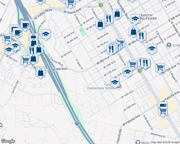 map of restaurants, bars, coffee shops, grocery stores, and more near 940 South Upas Street in Escondido