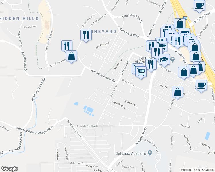 map of restaurants, bars, coffee shops, grocery stores, and more near 1163 Symphony Place in Escondido