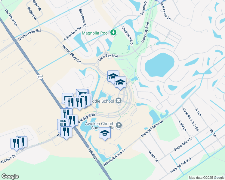 map of restaurants, bars, coffee shops, grocery stores, and more near 1247 Cane Bay Boulevard in Summerville