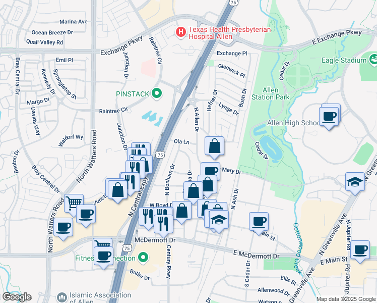 map of restaurants, bars, coffee shops, grocery stores, and more near 413 North Anna Drive in Allen