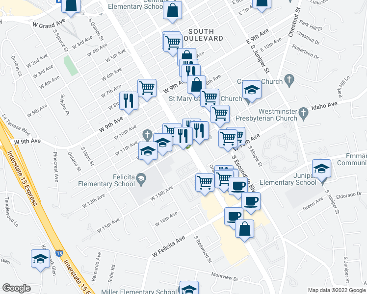 map of restaurants, bars, coffee shops, grocery stores, and more near S Pine St & W 13th Ave in Escondido