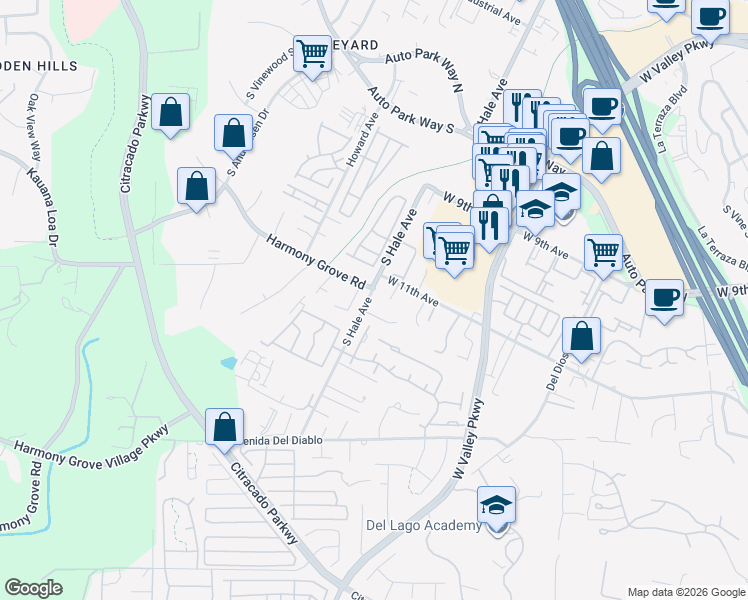 map of restaurants, bars, coffee shops, grocery stores, and more near 1152 South Hale Avenue in Escondido
