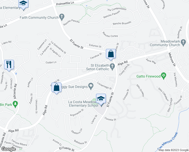 map of restaurants, bars, coffee shops, grocery stores, and more near 2834 Luciernaga Street in Carlsbad