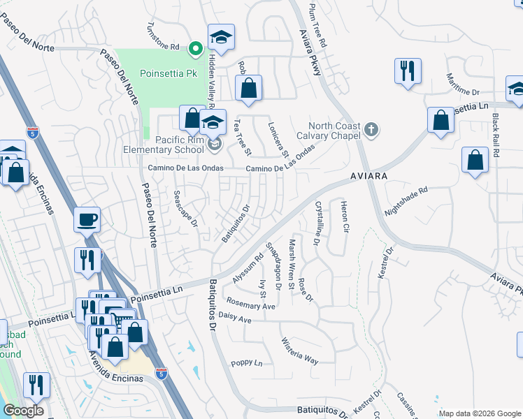 map of restaurants, bars, coffee shops, grocery stores, and more near 951 Boxwood Court in Carlsbad