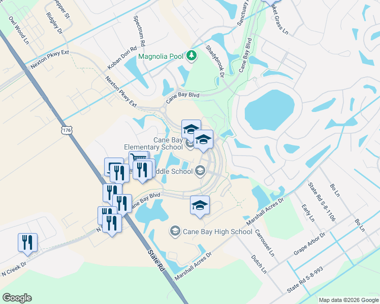 map of restaurants, bars, coffee shops, grocery stores, and more near 1247 Cane Bay Boulevard in Summerville