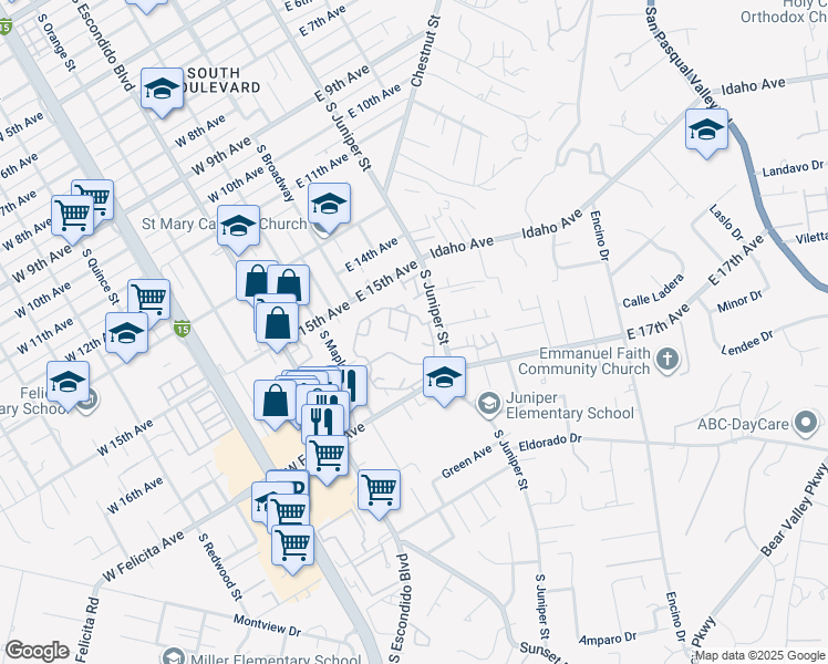 map of restaurants, bars, coffee shops, grocery stores, and more near 1651 South Juniper Street in Escondido