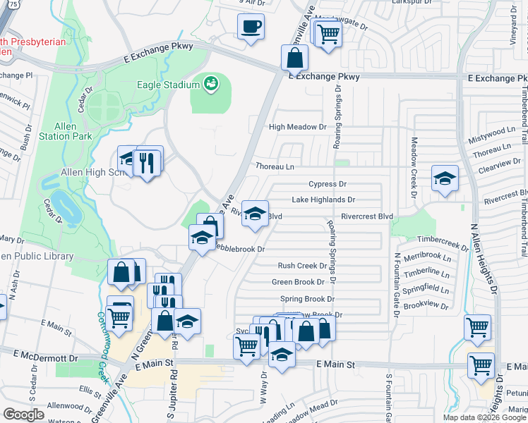 map of restaurants, bars, coffee shops, grocery stores, and more near 701 Rivercrest Boulevard in Allen