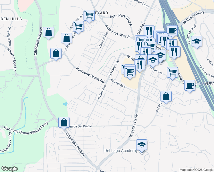 map of restaurants, bars, coffee shops, grocery stores, and more near 1152 South Hale Avenue in Escondido