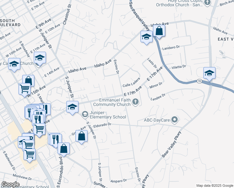 map of restaurants, bars, coffee shops, grocery stores, and more near 530 East 17th Avenue in Escondido