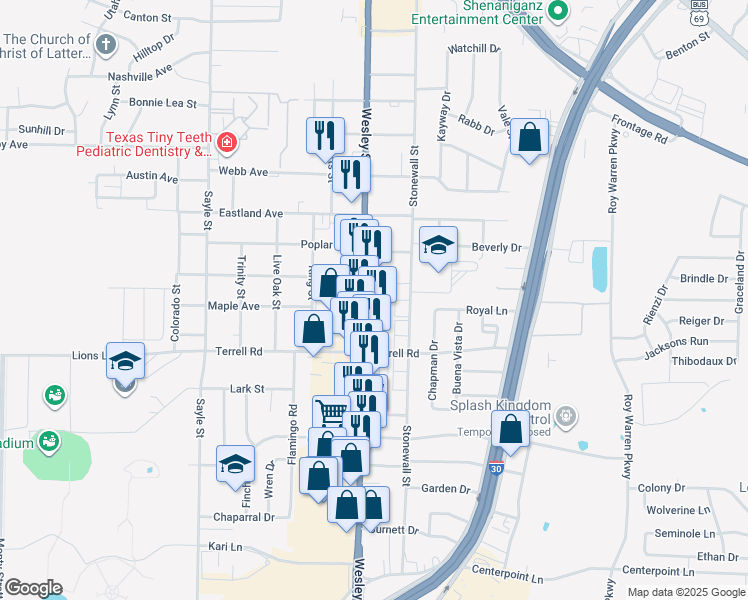 map of restaurants, bars, coffee shops, grocery stores, and more near 6205 Wesley Street in Greenville
